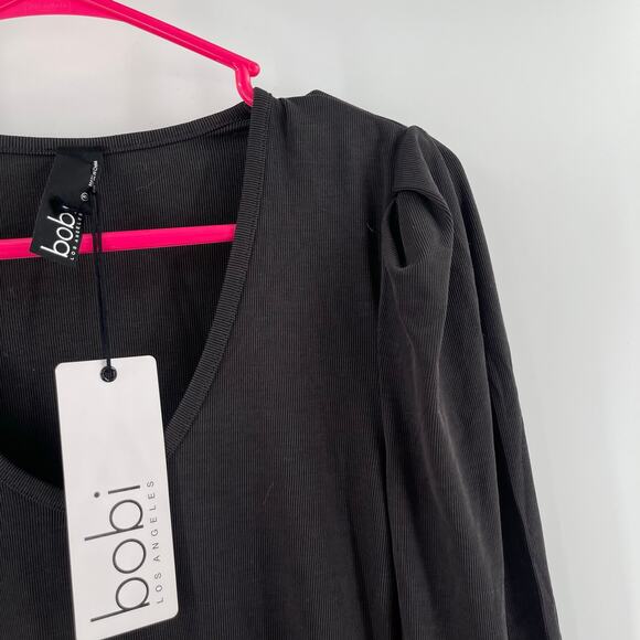 BOBI LOS ANGELES Dress Size Small Gray NWT Mini Long Sleeve Puff V-Neck Ribbed - Picture 6 of 11